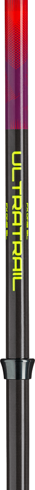 Vertical trail pole with red-to-purple painted shaft, black carbon lower section, neon yellow lettering and metal collar.