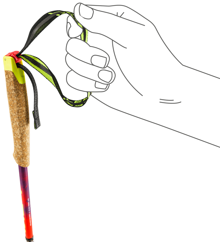 Hand holding the wrist strap of a trekking pole with a cork grip, colored shaft and adjustable strap for hiking.
