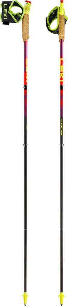 Two adjustable trekking poles with cork grips and neon‑green wrist straps, red‑purple shafts and yellow basket tips