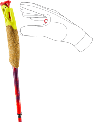 Trekking pole handle with cork grip and yellow head; illustrated hand inserts thumb through a red attachment ring