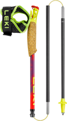 Collapsible ski pole with cork grip, neon yellow strap and red and black telescopic shaft segments.