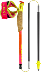 Trekking pole components shown: cork grip with neon pink wrist strap, orange-black shaft, folded black segments and yellow tip.