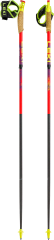Two adjustable trail poles with cork handles, padded wrist straps, red upper shafts and yellow tips.