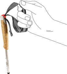 Hand holds an adjustable wrist strap on a trekking pole with cork grip and red strap adjuster.
