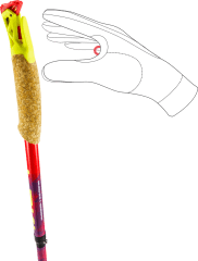 Pole handle with cork grip and yellow plastic top; hand forms a pinch grip holding a ring on the handle, red shaft visible.