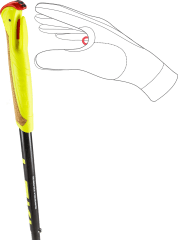 Yellow ski pole grip with cork insert shown beside a schematic hand operating a small red button.