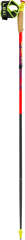 Ski pole with cork grip and adjustable wrist strap, red and black shaft, small basket and pointed tip, shown upright