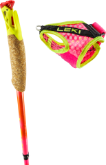 Pole handle with removable wrist strap, cork grip visible, yellow plastic top pieces, neon-pink mesh strap with green trim and red-orange sh