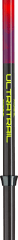 Vertical trail pole with red-to-purple painted shaft, black carbon lower section, neon yellow lettering and metal collar.