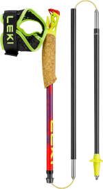 Ski pole with cork handle, padded wrist strap, colored shaft and removable basket at the tip.