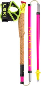 Ski pole with cork grip, adjustable pink shaft, neon yellow basket and wrist strap