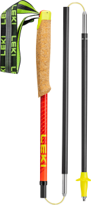 Lyžařská/turistická hůl s korkovou rukojetí a nastavitelným neonovým poutkem, červená horní část, černá násada a žlutý hrot, zobrazeno zepřá