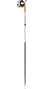 Skistock mit Korkgriff und verstellbarer Handschlaufe, kompletter Schaft in Weiß und Schwarz mit Spitze und Teller.