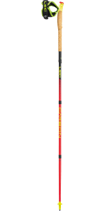 Ski pole with cork grip and padded wrist strap, shown vertically; red carbon shaft with black and yellow accents and small yellow basket