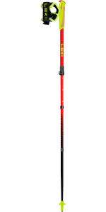 Ultratrail FX Junior red telescopic pole with neon yellow grip, padded wrist strap, cork grip insert, adjustable clamp and rubber tip