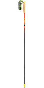 Ski/trekking pole with cork grip and adjustable neon wrist strap, red upper shaft, black lower shaft and yellow tip, shown frontally