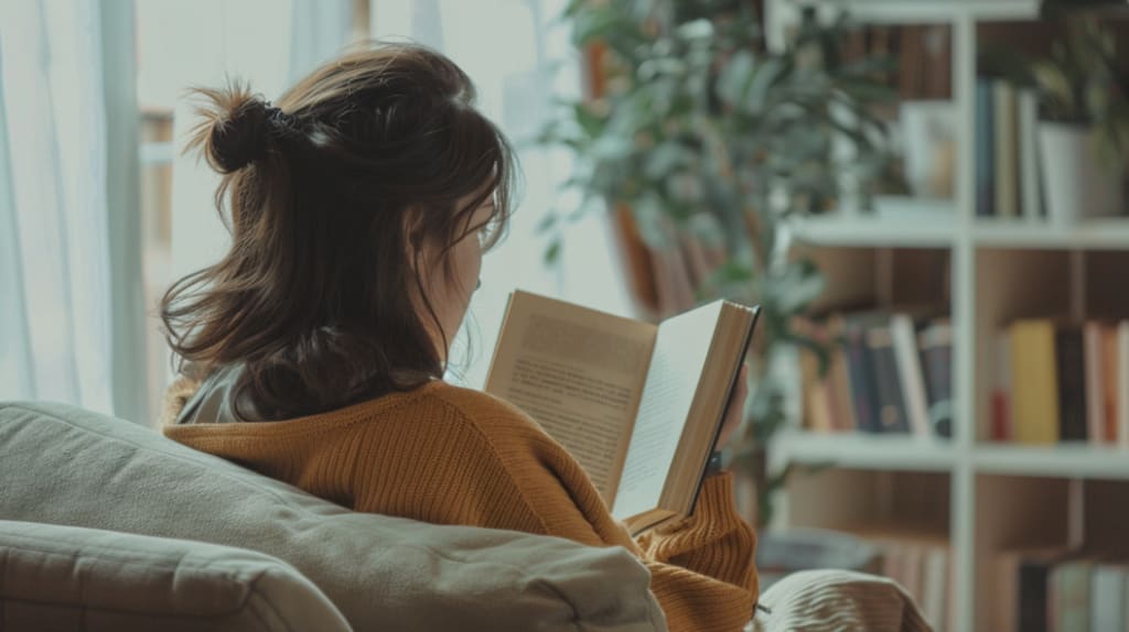 Persona leyendo un libro con los ojos relajados