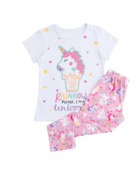 conjunto de pijama camiseta y pantalon para nina con estampado con brillo-031- Blanco Estampado-MainImage