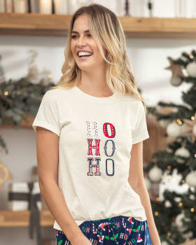 camiseta manga corta de pijama para mujer con estampado de navidad-018- Marfil-MainImage