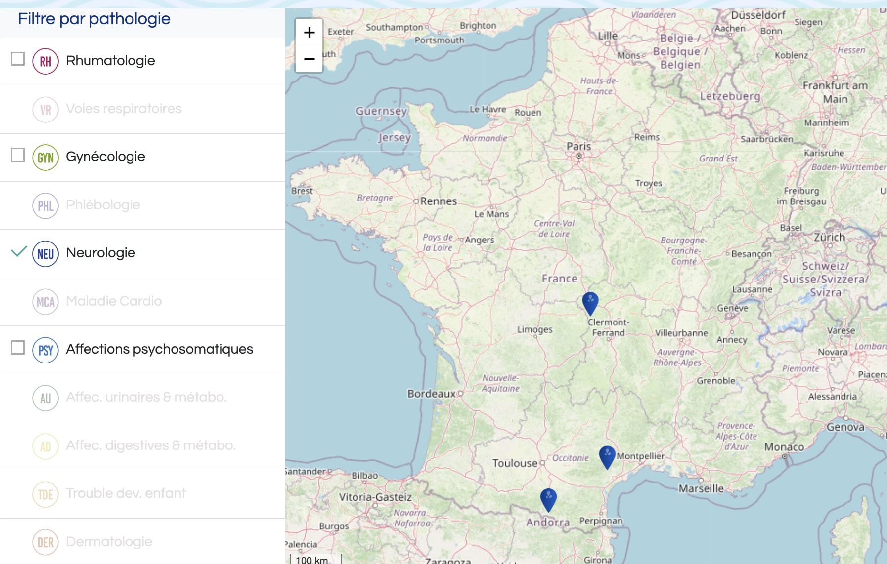 Carte des stations thermales en France spécialisées en neurologie