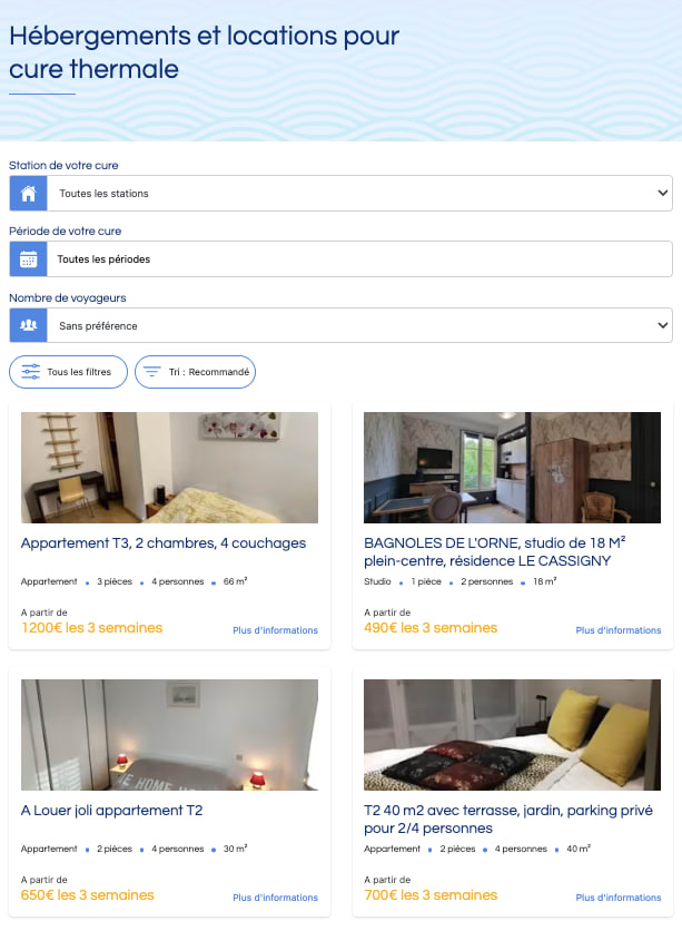 Plateforme LesCuristes.fr affichant des locations de particulier &agrave; particulier pour une cure thermale avec filtres de recherche