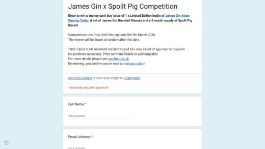 James Gin Asian Parsnip Turbo, Branded Glasses, and Spoilt Pig Bacon Supply