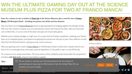 Science Museum Gaming Experience with Pizza Meal for Two