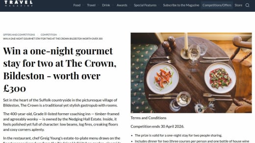 One-Night Gourmet Stay For Two At The Crown, Bildeston