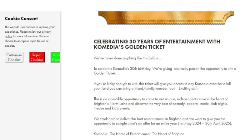 Free Entry To Every Event At Komedia Brighton For 1 Year