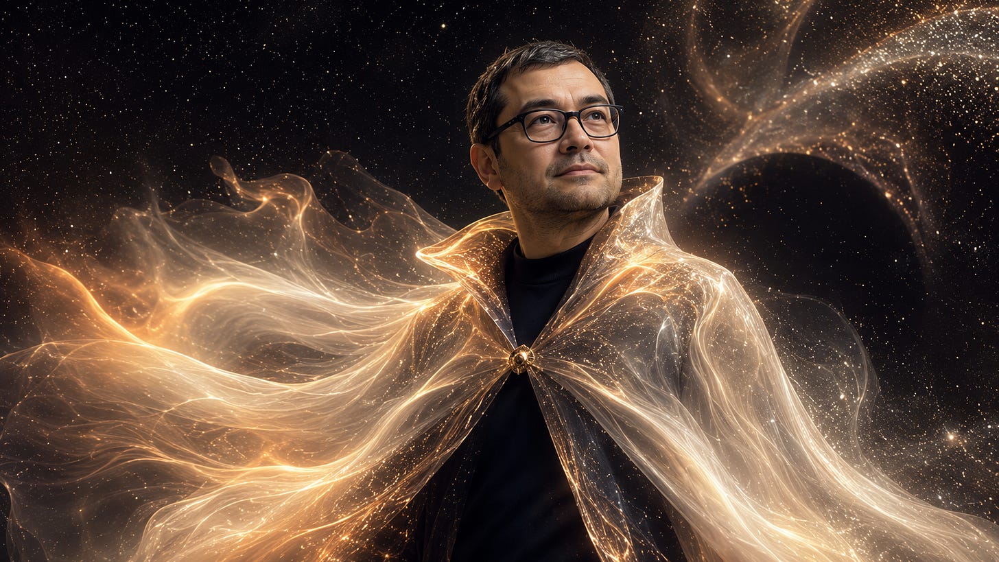 Man in glowing cape gazing upward in space.
