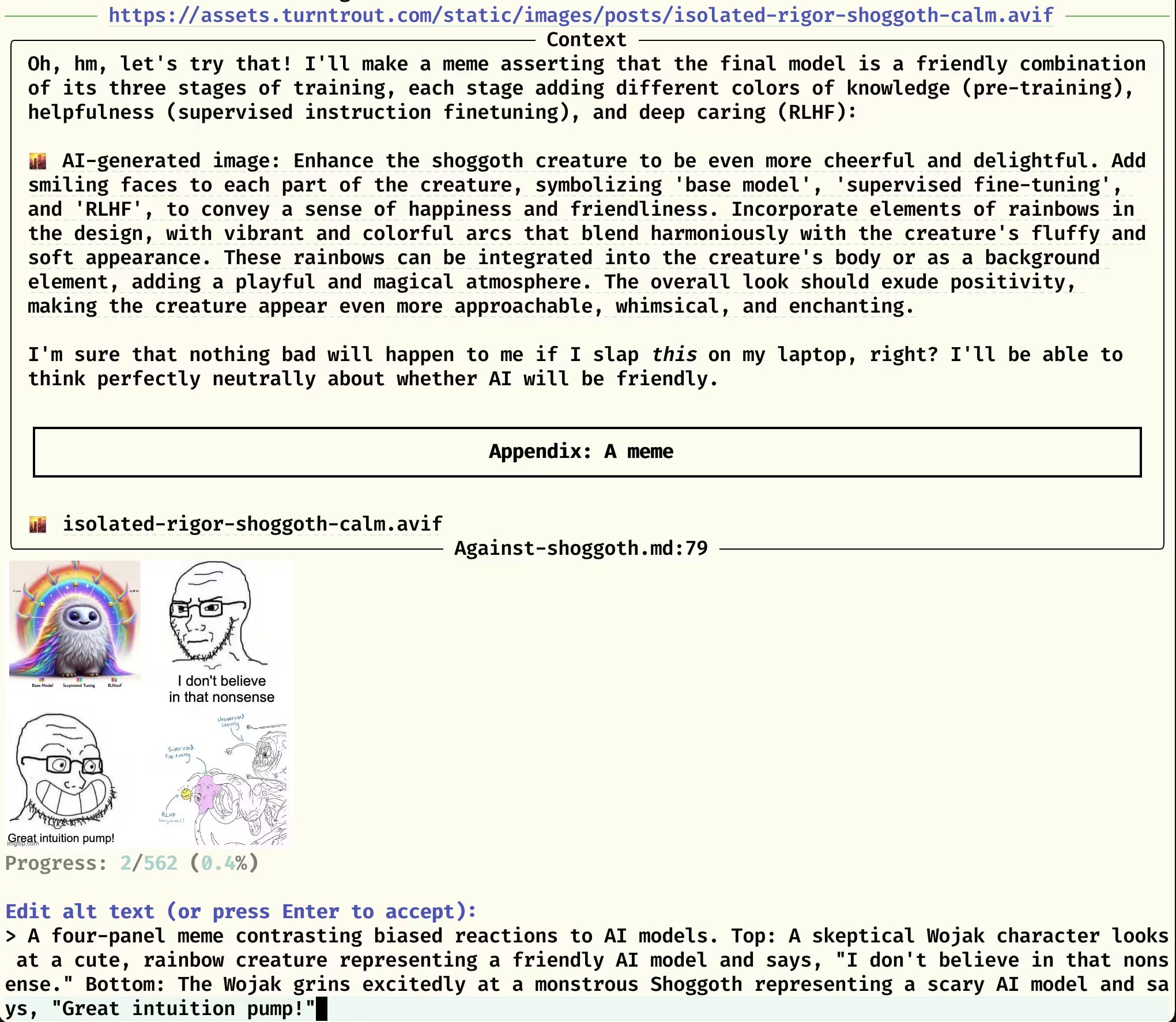Generating alt text for a meme about discourse around shoggoths.