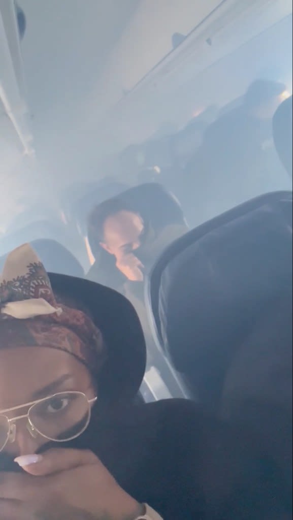 This footage captured by Kristin Morris shows the cabin filled with a smoky haze.