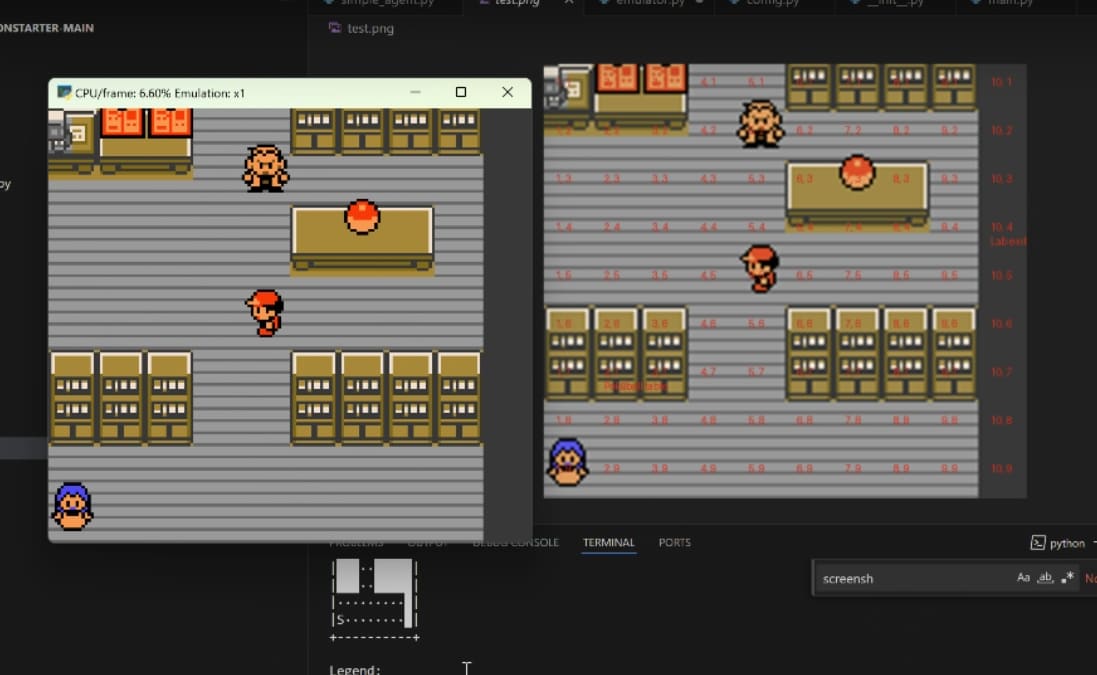 Left: game in emulation. Right: game screenshot as Claude will see it.
