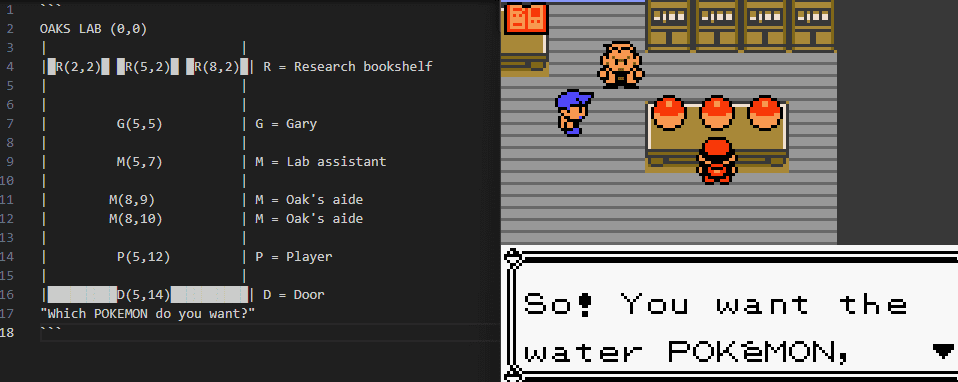 ASCII map generated by Claude vs. corresponding game screen.