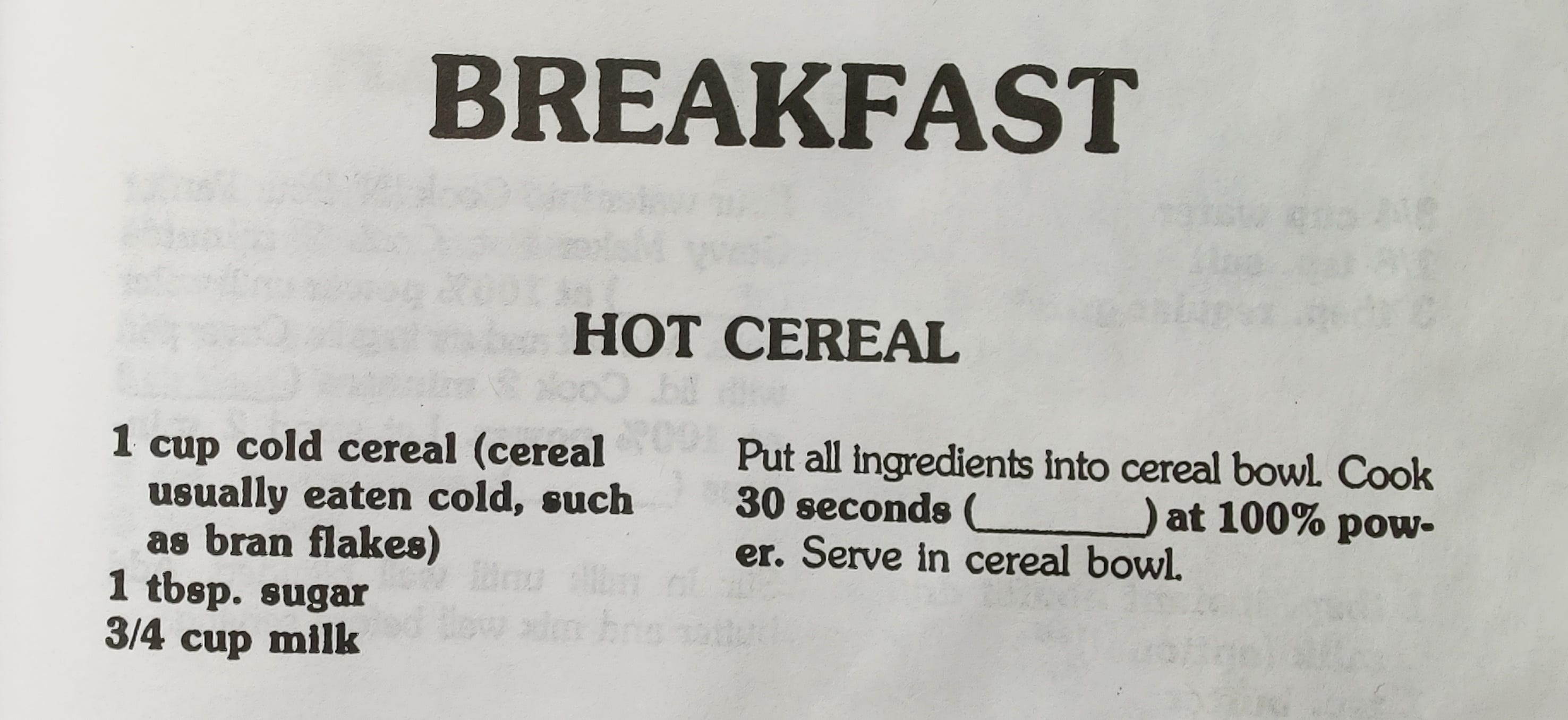The recipe for making hot cereal with milk in the microwave.