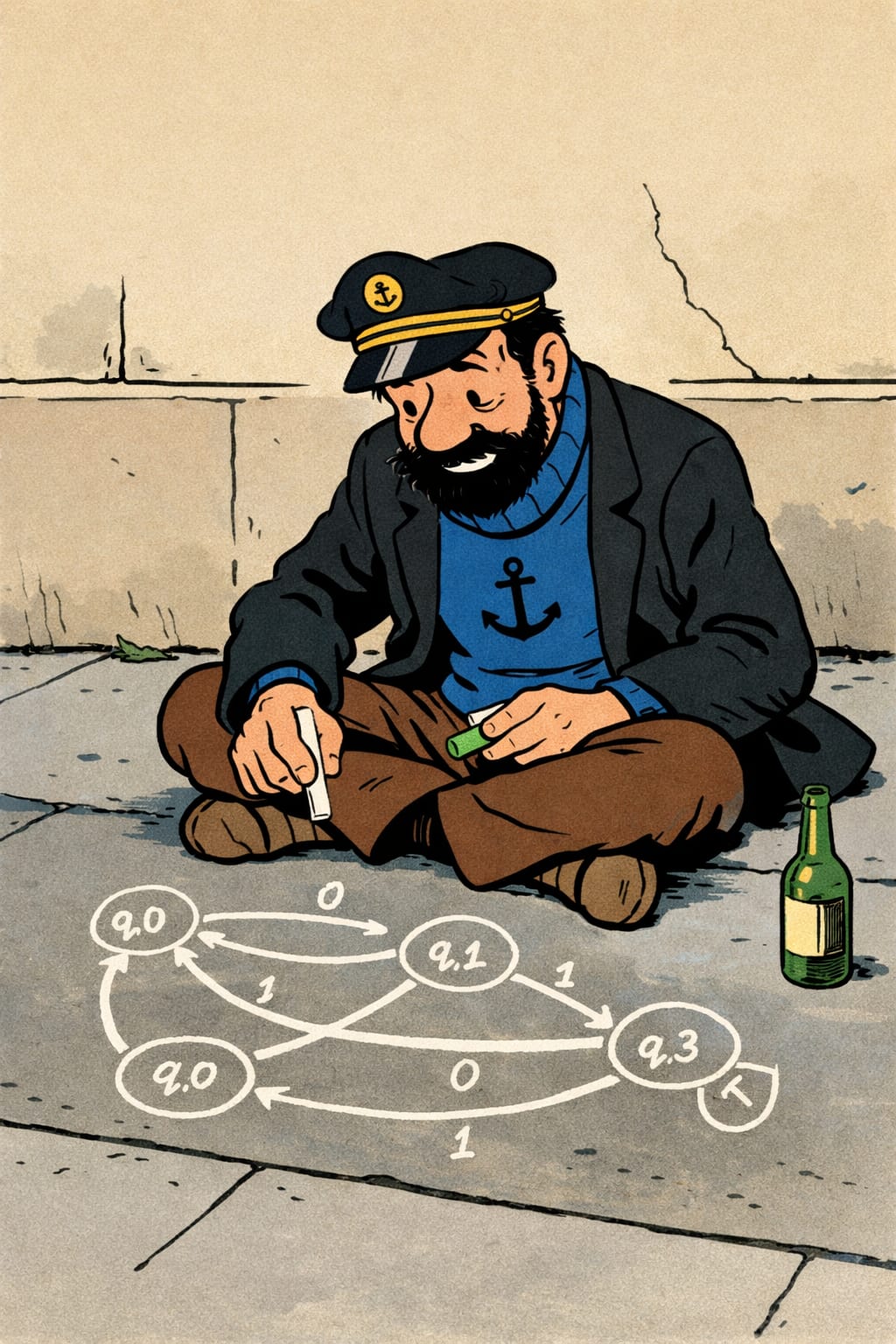 Captain Haddock from Tintin draws automata on the ground with chalk.