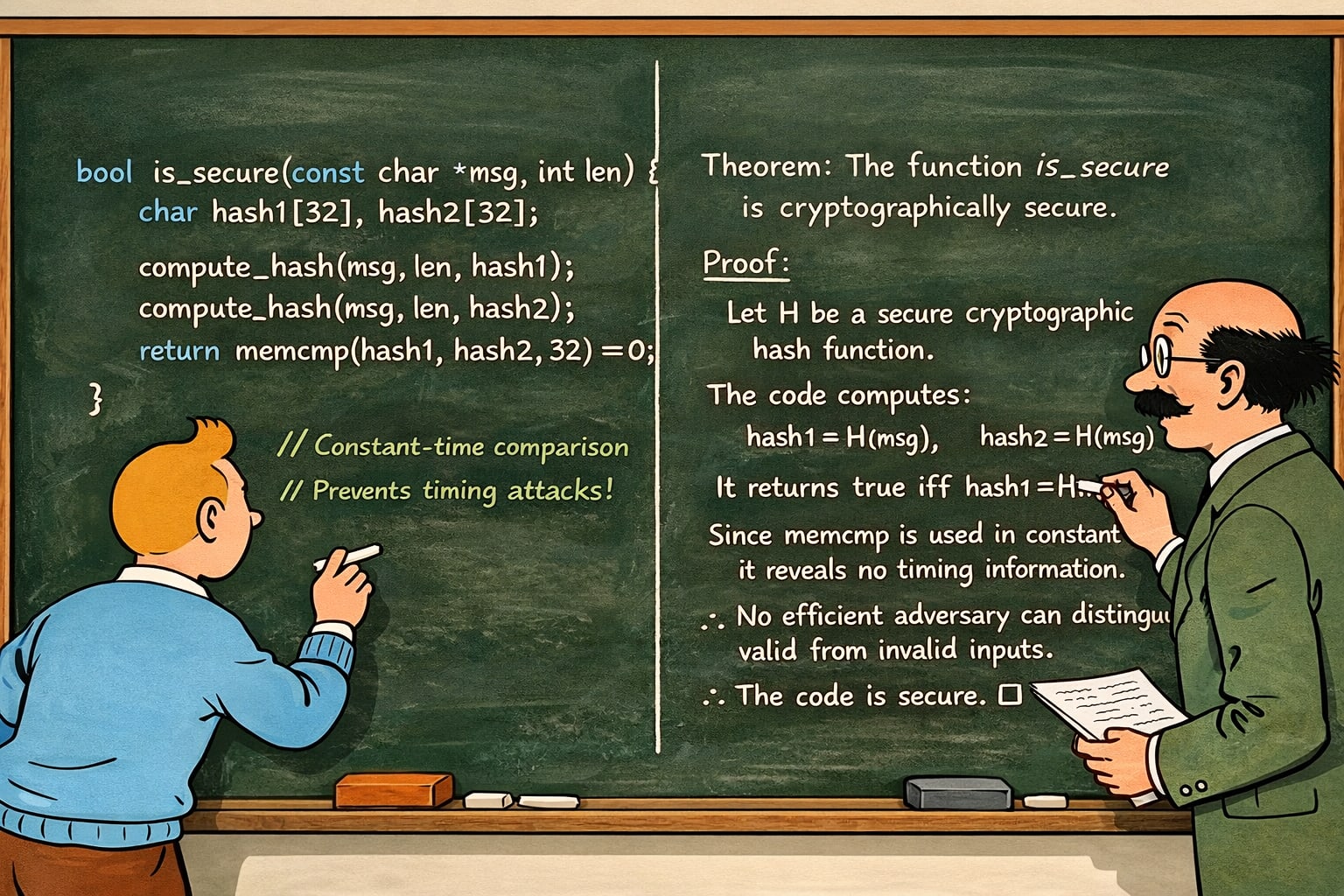 A computer scientist writes some code on one side of a chalkboard while a mathematician proves the code is correct on the other side.