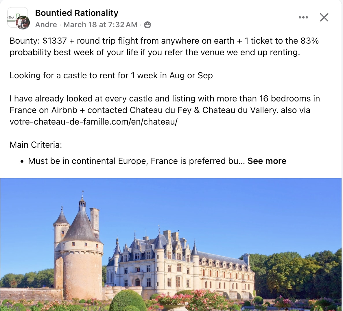 Bountied rationality post: $1336 + round trip + 1 ticket for event, if you refer Andre a castle to rent for 1 week in Aug or Sep