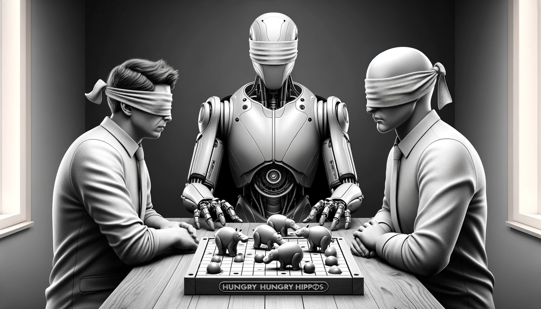 Create a black and white image of a blindfolded robot and a blindfolded human playing Hungry Hungry Hippos in a 3:1 aspect ratio. The robot, with a futuristic, sleek, humanoid design, is seated at the game table with a blindfold covering its optical sensors. Across from the robot, depict a human player, also blindfolded, with an expression of concentration, as they engage in the game. The human's appearance should be neutral, representing a general human figure. The Hungry Hungry Hippos game is in the center, capturing a moment of playful competition. The background should be simple, emphasizing the players and the game in a monochromatic palette.