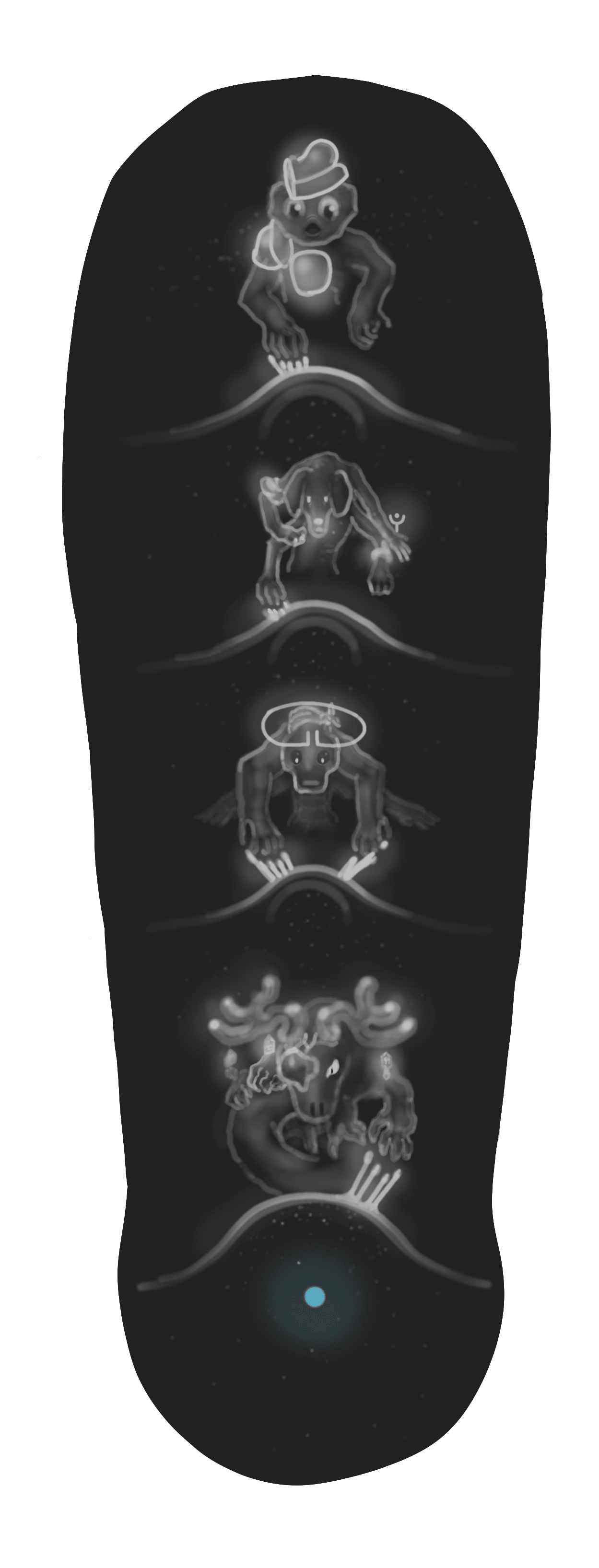 A series of different aliens, each one doing something, with one of its many hands, to the universe of the next, ending with a menacing dragon-type alien looming over a universe containing a pale blue dot.