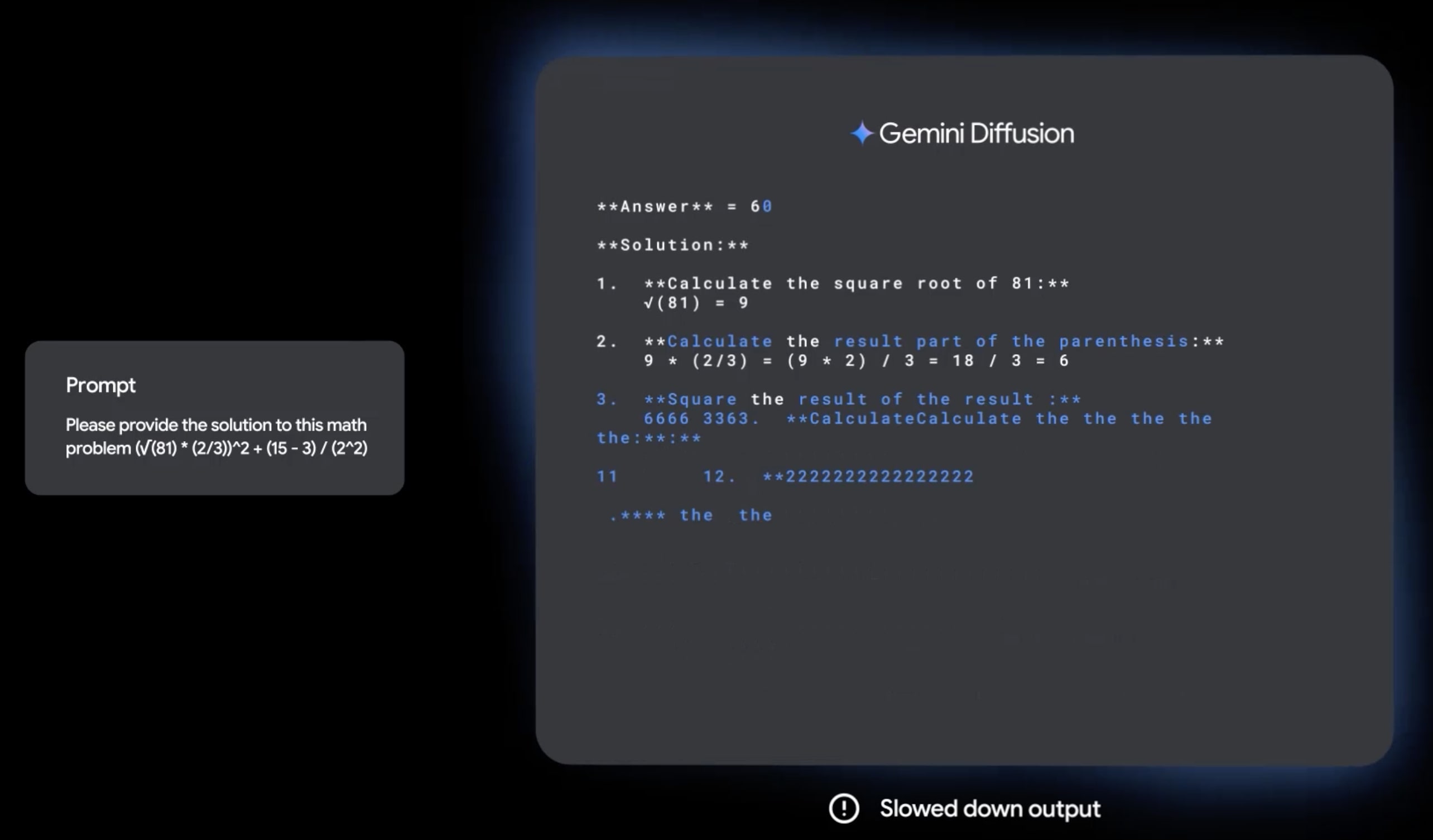 Screenshot of the first iteration of Gemini Diffusion's output. The text resembles the structure of the final output.