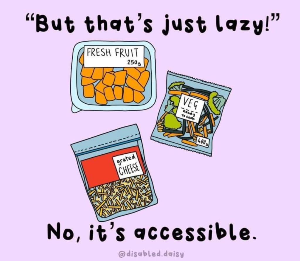 illustration of pre-prepared foods with the text "but that's just lazy! / No, it's accessible." https://www.instagram.com/disabled.daisy/