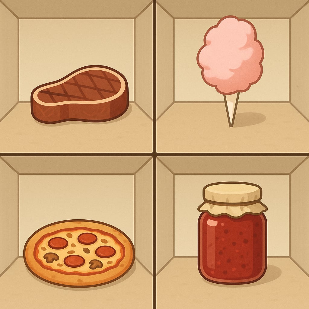 Steak, Cotton Candy, Pizza, and Jam