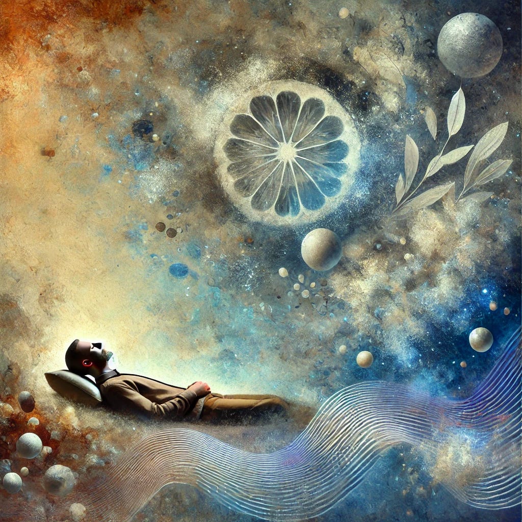 A surreal yet grounded meditation scene featuring a person lying down comfortably, eyes closed, immersed in a peaceful state. The image blends organic textures with abstract symbolism, evoking introspection. Gentle waves of light and energy subtly ripple around them, representing sensations arising and dissolving. Muted, earthy tones with deep blues and warm neutrals set the atmosphere. Dreamlike elements merge with conceptual metaphors, capturing the tension between rationality and mysticism. The background is soft and fluid, emphasizing presence without a defined observer.