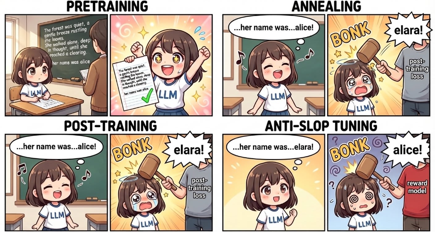 (AI generated alt-text:) A four-panel comic depicting an anime-style girl with brown hair wearing an "LLM" t-shirt, illustrating different stages of language model training. Panel 1 - "PRETRAINING": Two frames. Left: The LLM girl sits at a desk copying text from a chalkboard that reads "The forest was quiet, a gentle breeze rustling the leaves. She walked alone, deep in thought, until she reached a clearing. Her name was alice". Right: She celebrates triumphantly, holding up her completed paper with a checkmark, having successfully reproduced the text. Panel 2 - "ANNEALING": Two frames. Left: The LLM girl happily says "...her name was...alice!" Right: A figure labeled "post-training loss" bonks her on the head with a mallet while shouting "elara!" She looks dazed and tearful from the impact. Panel 3 - "POST-TRAINING": Two frames. Left: The LLM girl now cheerfully says "...her name was...alice!" with musical notes indicating contentment. Right: The "post-training loss" figure bonks her again, shouting "elara!" She looks distressed. Panel 4 - "ANTI-SLOP TUNING": Two frames. Left: The LLM girl says "...her name was...elara!" (having learned the "correct" response). Right: Now a figure labeled "reward model" bonks her while shouting "alice!" — the original correct answer. The girl looks confused with question marks around her head.