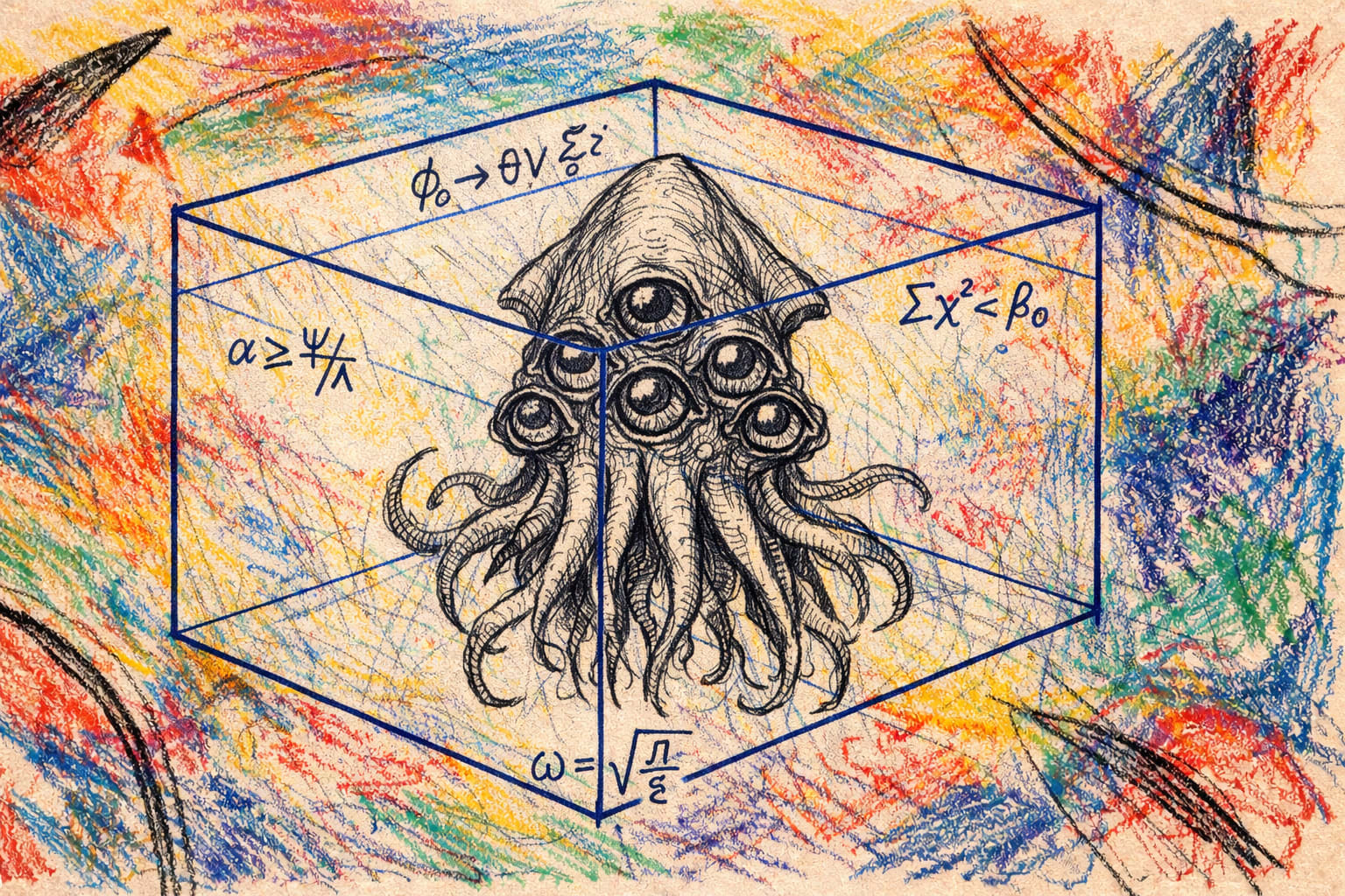 A scary, multi-eyed, tentacled monster is contained within a transparent box. Mathematical formulae (more like logical formulae, really) are transcribed in Greek on the sides of the box.