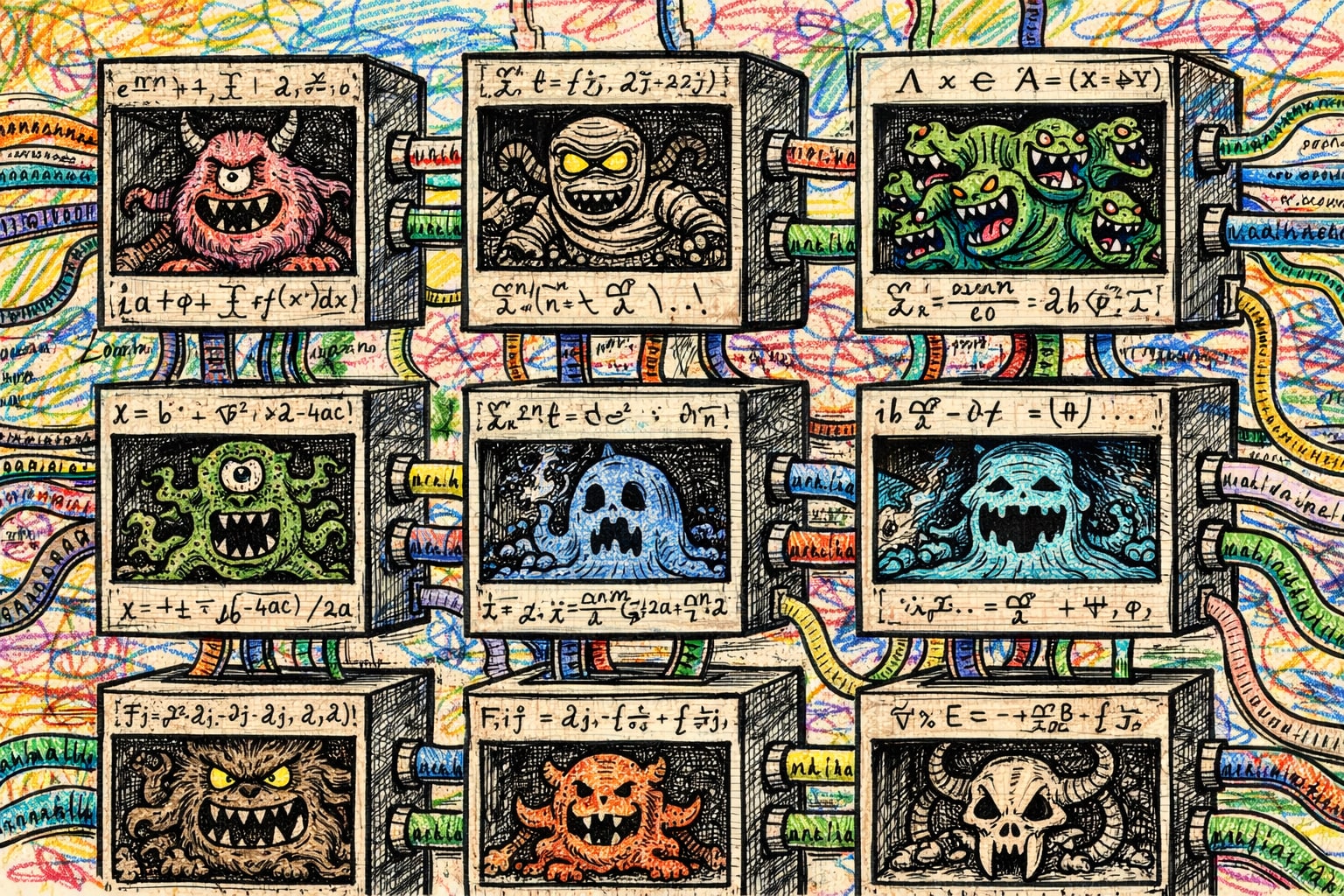 A variety of monsters are contained in boxes covered in logical formulae. Tubes connect the various boxes.