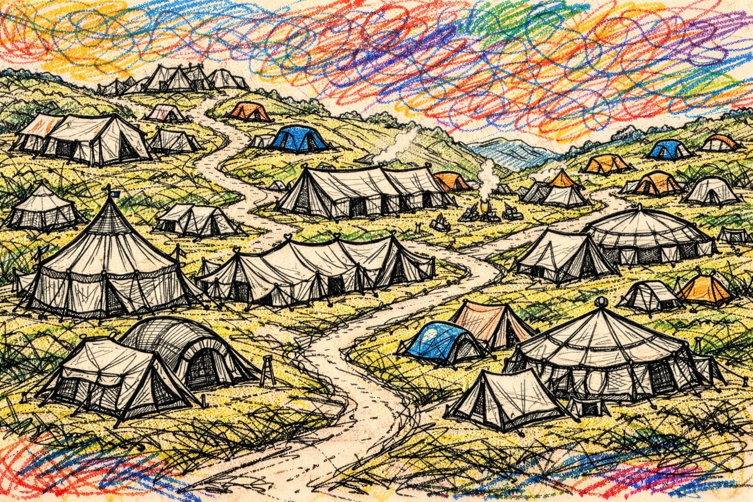 An array of tents are arranged on a hillside. Some tents are smaller and others are larger. Some of the tents are connected. A footpath makes it easy to walk from tent to tent.