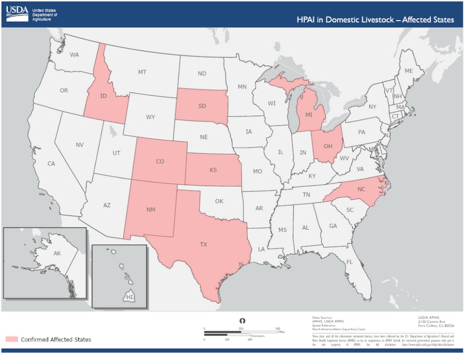 Map of US showing 9 states with infected herds, including Texas, Idaho, Michigan, and North Carolina (but not other states in between (suggesting either long distance infections mediated by travel without testing the travelers, or else failure of detection in many intermediate states)).