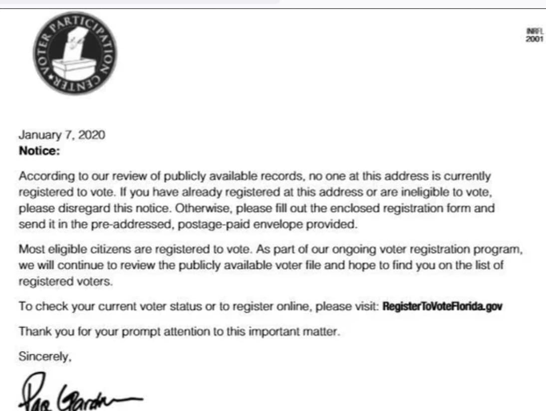 Voter Participation Center mailer encouraging recipient to register